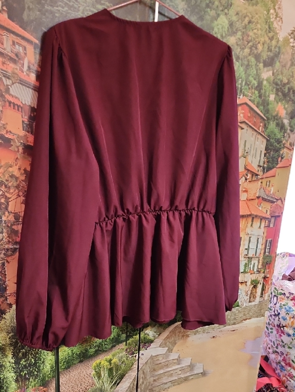Women's Lace-Detail Peasant BO-Ho  Blouse - Burgundy - Picture 9 of 9